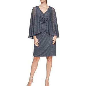 IGNITE Evenings Glitter Mesh Surplice V-neck Capelet Sleeve Ruched Sheath Dress